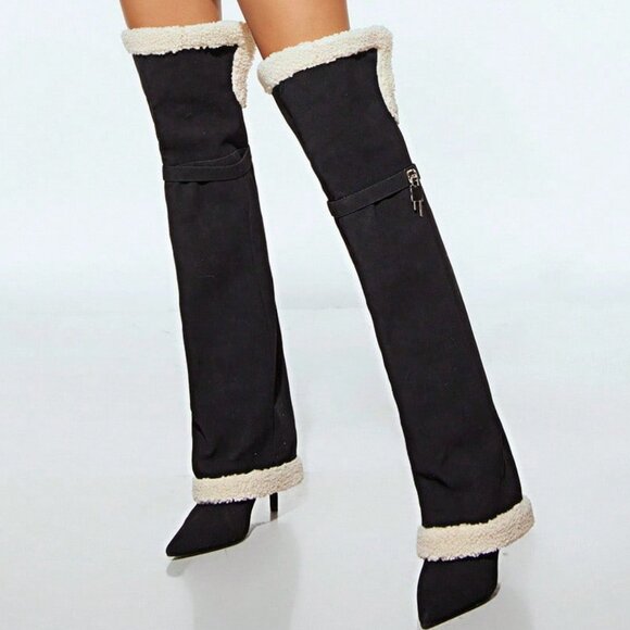 Black Suede Over-Knee faux suede and faux sherpa trim High Heel Boots - Picture 3 of 7